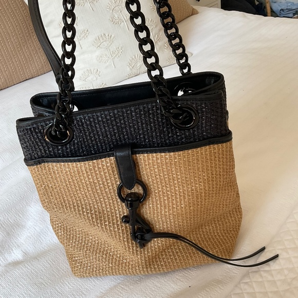 Rebecca Minkoff Edie Large Bucket Bag NWT Natural Woven Straw with Black Trim - Picture 9 of 12